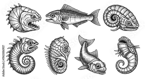 Set of Hand-Drawn Fantasy Sea Creatures and Fish Illustrations