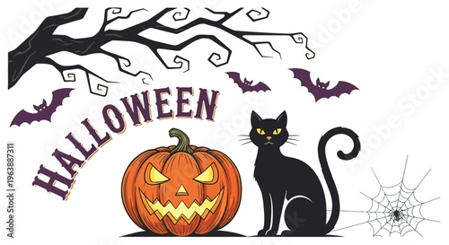 Halloween Cat and Pumpkin Illustration.