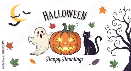 Halloween Illustration with Ghost Cat Pumpkin.