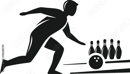 A black and white silhouette of a male bowler throwing a ball towards the pins on a lane.