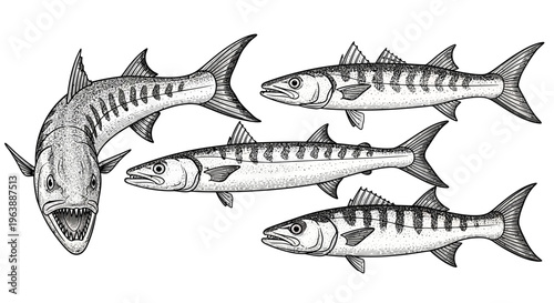 Hand Drawn Barracuda Fish Illustration Set