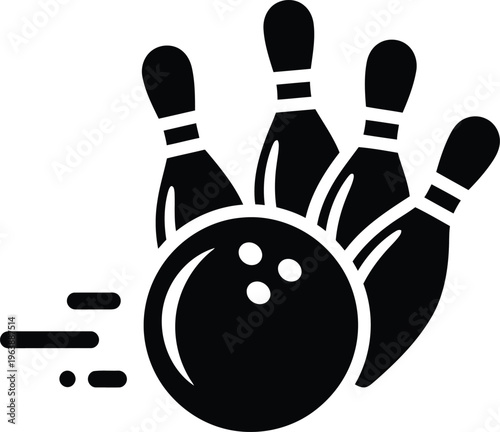 Black and white bowling ball icon hitting pins with motion lines on a white background
