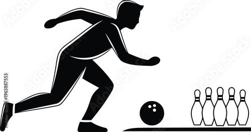 Silhouette of a man bowling a ball towards a set of pins on a white background.