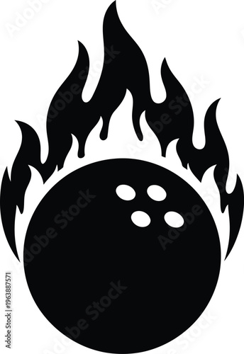 A black and white graphic illustration of a bowling ball engulfed in flames on a white background