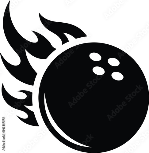 Stylized black bowling ball icon with dynamic flames representing speed and power on white.