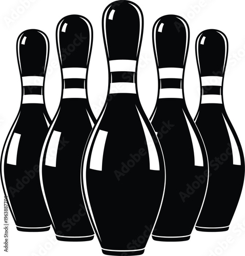 A black and white illustration of five bowling pins arranged in a triangular formation.