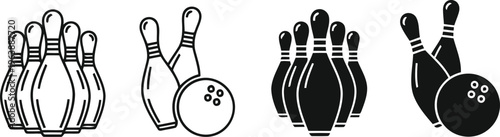 Bowling icon set featuring pins and balls in both outline and solid silhouette styles.