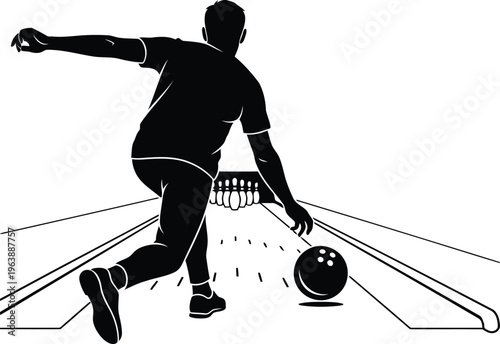 Silhouette of a man bowling a ball down a lane towards pins in a minimalist style.