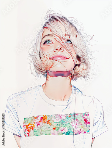 遠くを見る女性のポートレートイラスト