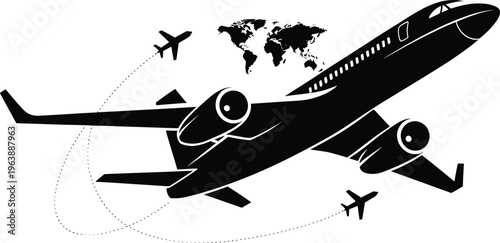 airplane, plane, flying, flight, travel, map, globe, transportation, aviation, air travel, jet, aircraft, silhouette, black and white, dotted Black airplane flying with smaller planes and map flight