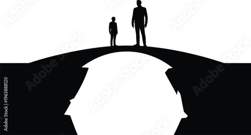 silhouette, man, boy, bridge, chasm, cliff, depth, darkness, white background, standing, looking, figures, shapes, black, conceptual, over, Silhouette of man and boy standing on bridge over deep chasm