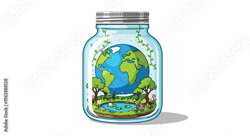 Earth Day themed illustration of a globe in a jar surrounded by lush greenery and flowers
