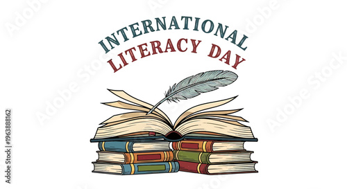International Literacy Day Books and Quill Illustration.