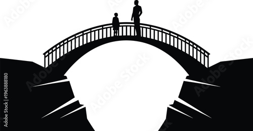 silhouette, man, child, bridge, chasm, black and white, people, outdoors, landscape, bridge structure, railing, standing, looking, white background, mo Silhouette of man and child on bridge over chasm
