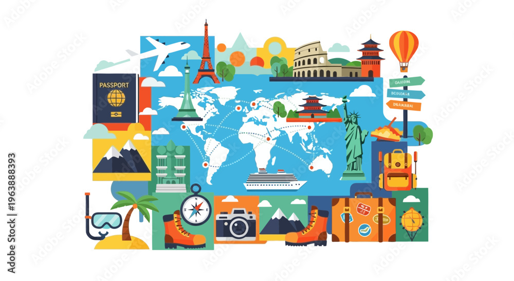 Fototapeta premium Travel and Tourism Concept with World Map and Iconic Landmarks