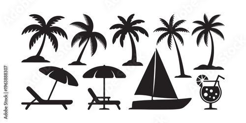 Collection of black silhouette icons representing a beach umbrella lounge chair palm tree sunglasses flipflops beach ball cocktail and sailboat .silhouette design.