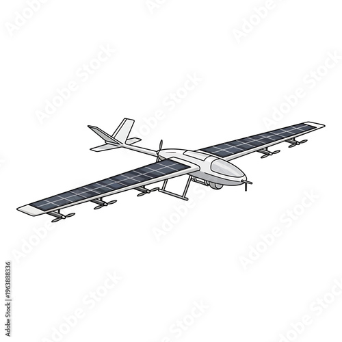 Solar powered aircraft with propellers flying.