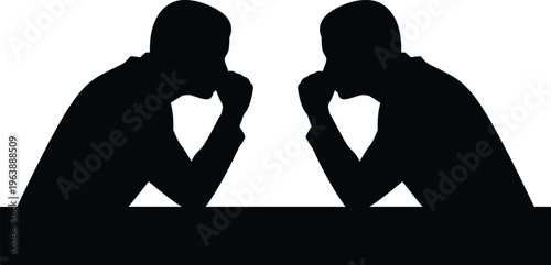 silhouette, two people, sitting, table, heads resting on hands, black, white background, monochrome, shadows, people, adults, thinking, contem Two people sitting at a table with heads resting on hands