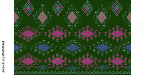 A fabric pattern with adrk green background accented with adapted pink and blue folk-style floral desing,decoration,and textiles.