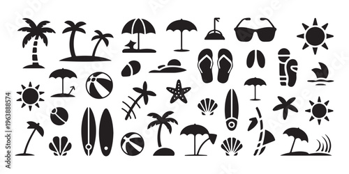 Vector set of tropical beach silhouettes including palm trees, umbrellas, lounge chairs, boats and cocktails. Black summer vacation icons ideal for travel design and decor.