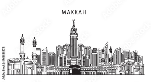 Makkah Skyline Illustration in Minimalist Line Art Style