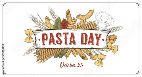 Pasta Day Illustration with Various Pasta Types.