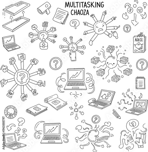 Illustrations depicting the overwhelming demands of multitasking, work stress, and the chaotic nature of modern professional life, highlighting challenges in productivity and task management