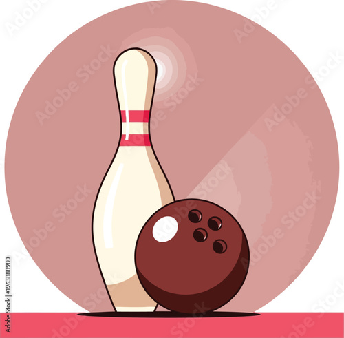A pixel art illustration of a single white bowling pin and a brown bowling ball on a pink background.