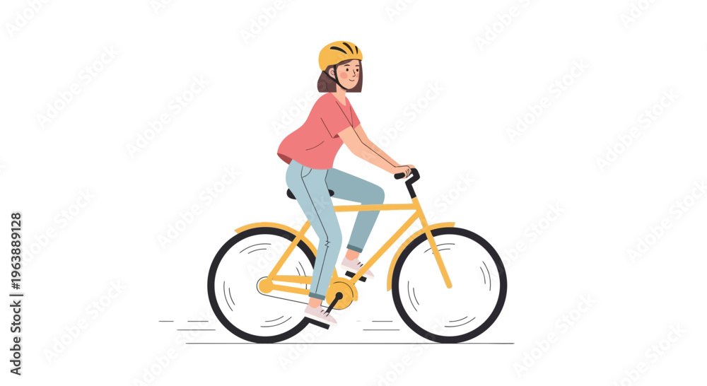 Naklejka premium Illustration of a young woman cycling on a sunny day, enjoying a healthy outdoor activity