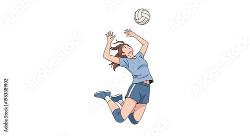 Energetic vector artwork depicting a young woman leaping high to hit a volleyball, capturing the essence of a thrilling game moment with skill and determination