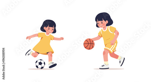 Two young girls, one playing soccer and the other dribbling a basketball, enjoying outdoor sports and activities