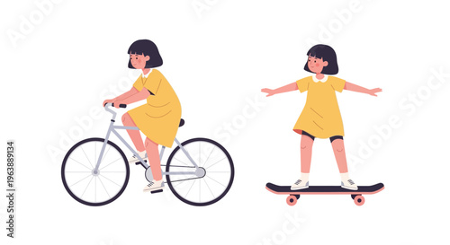 Children enjoying outdoor activities a girl riding a bicycle and a girl skateboarding