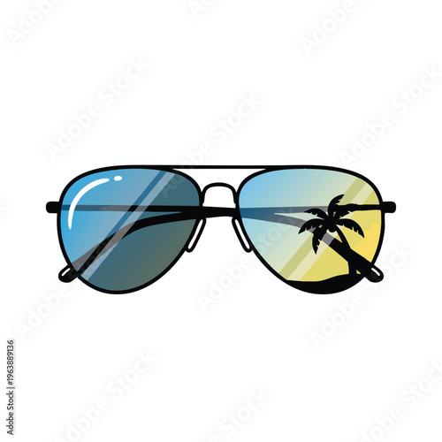 Aviator sunglasses reflecting a tropical sunset with a palm tree silhouette