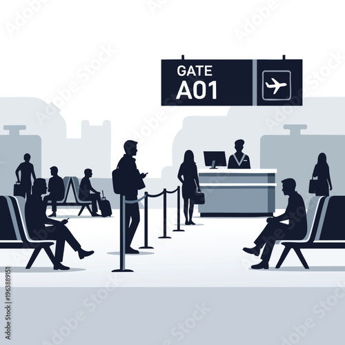 Silhouetted people waiting at an airport gate A01 near a counter