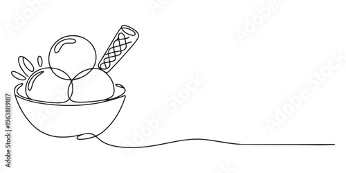 One line continuous ice-cream in a bowl symbol concept. Silhouette of dessert cafe restaurant snack, One line drawing of ice cream scoops on the glass bowl. Ice cream in single line draw illustration.