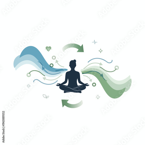 Silhouette in meditation surrounded by waves, arrows, and health symbols