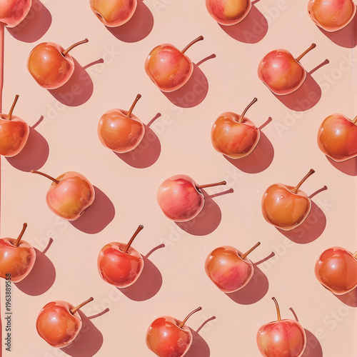 Pattern of red apples on pastel pink background  