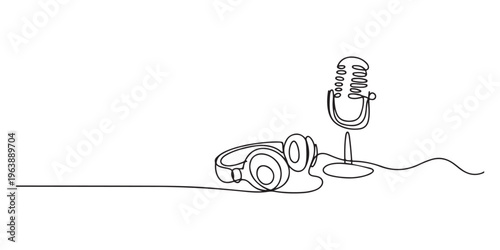 Retro vintage microphone continuous one line drawing vector illustration, podcasting and broadcasting concept art, professional audio equipment on white background.