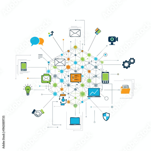 Abstract network connecting various digital communication, business, and security icons