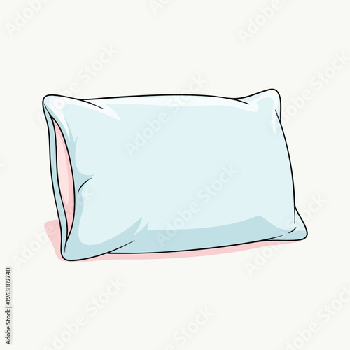 Soft, plush pillow, light blue with pink trim, resting on a light background