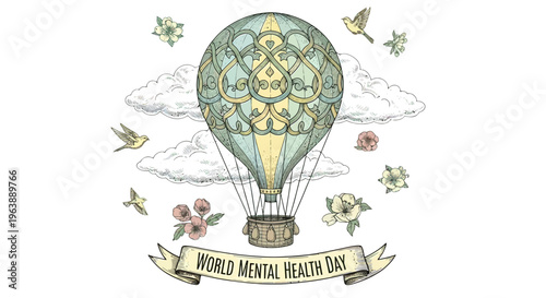 World Mental Health Day Hot Air Balloon Illustration.
