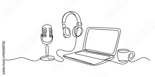 Retro vintage microphone continuous one line drawing vector illustration, podcasting and broadcasting concept art, professional audio equipment on white background.