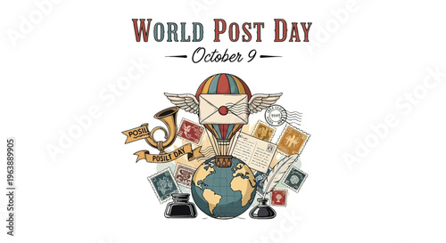 World Post Day illustration with postal elements.