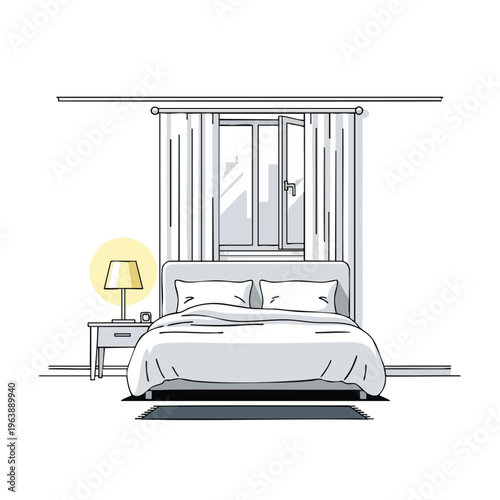 Minimalist bedroom scene featuring a bed, nightstand with lamp, and window