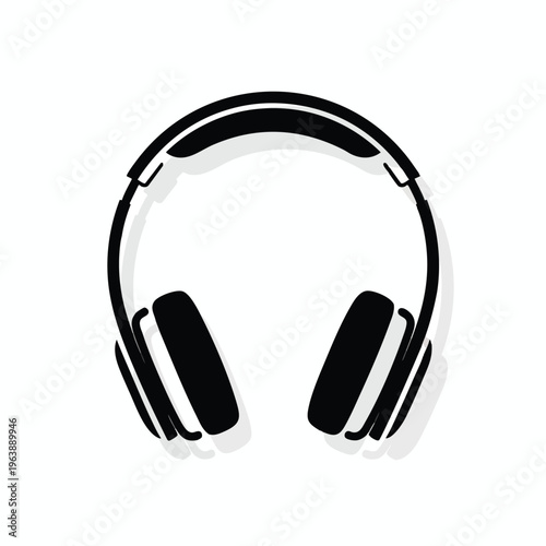 A minimalist black and white graphic of over-ear headphones with a soft shadow
