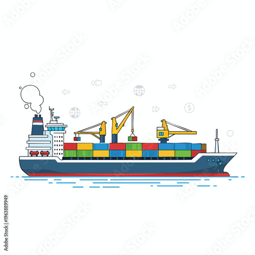 Large cargo ship with colorful containers and cranes at sea