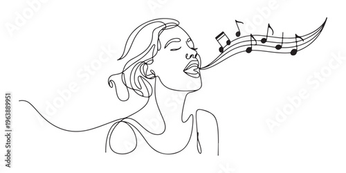 A girl singing lovely song. Enjoy and relax with her song. Se is very love music. She want to be a singer. One line continuous. Vector illustration.