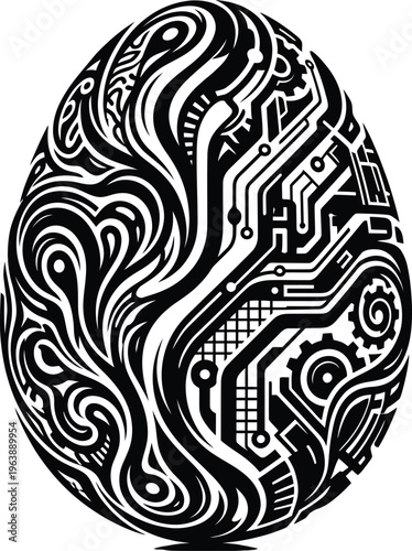 Intricate black and white rendering of a unique biomechanical egg, seamlessly fusing intricate organic patterns with comprehensive electronic circuitry.