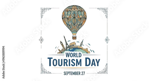 World Tourism Day Poster with Hot Air Balloon.