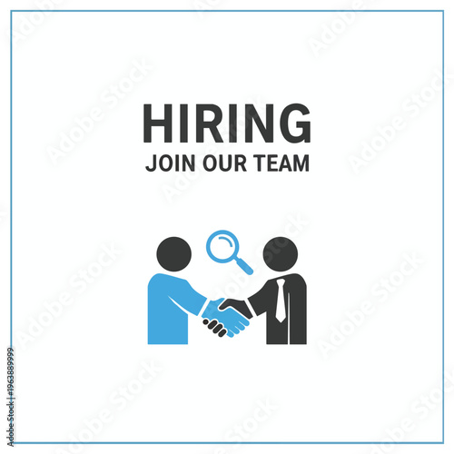 Illustration of two people shaking hands, with a magnifying glass above them, signifying hiring